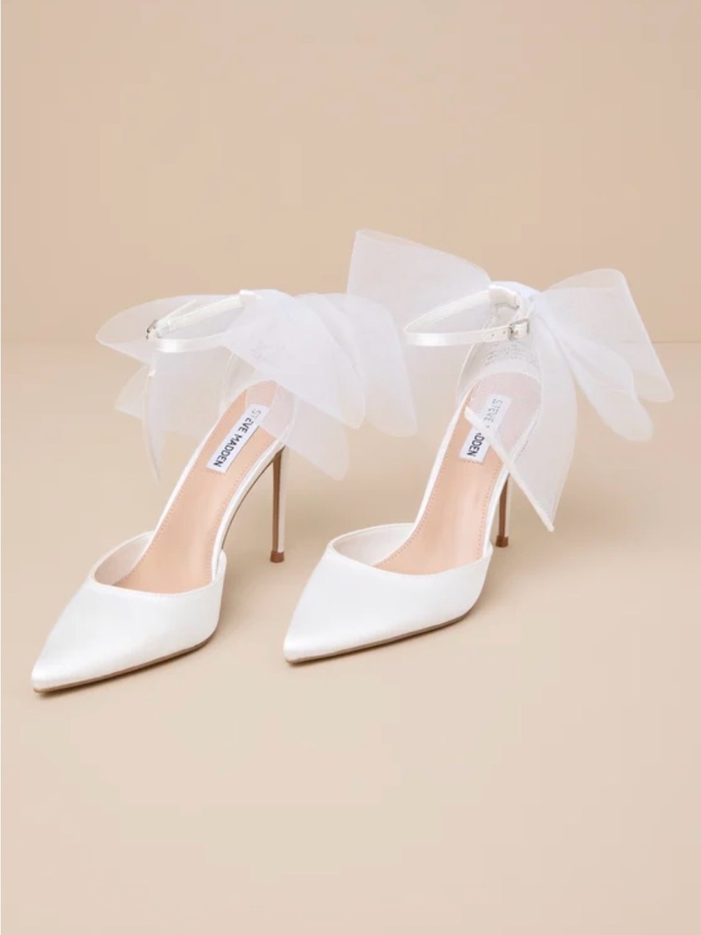 Steve Madden Valenteen White Satin Pointed-Toe Ankle-Strap Heels with Sheer Bow